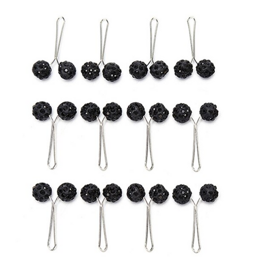 Stainless Steel U-Shaped Clips Pin 12 Pieces Set Muslim Hijab Scarf Black Safety Pin Clips Rhinestone Ball Brooch Fashion Jewelry Decoration