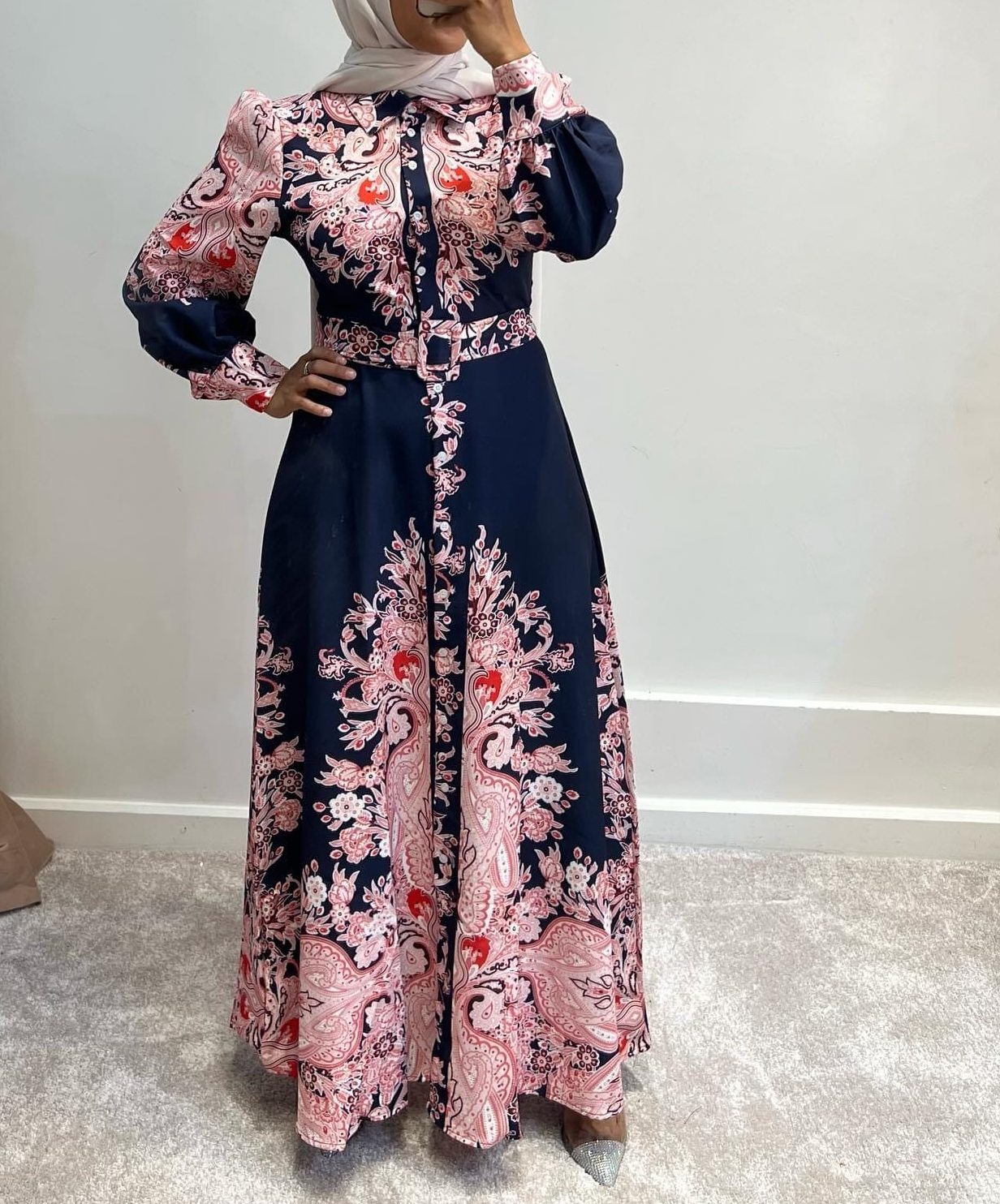 Navy Blue Printed Modest Gown
